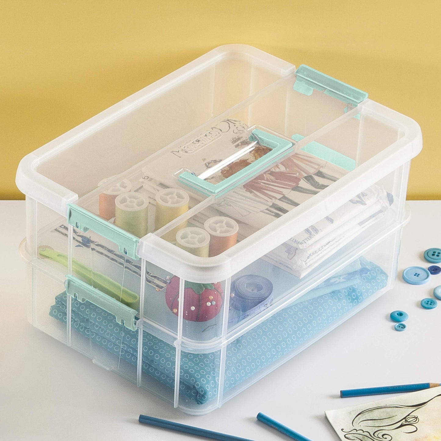 Sterilite 1427CLR Stack & Carry - 2 Layer Box, Clear Lid & Blue Handle,  See-through layers